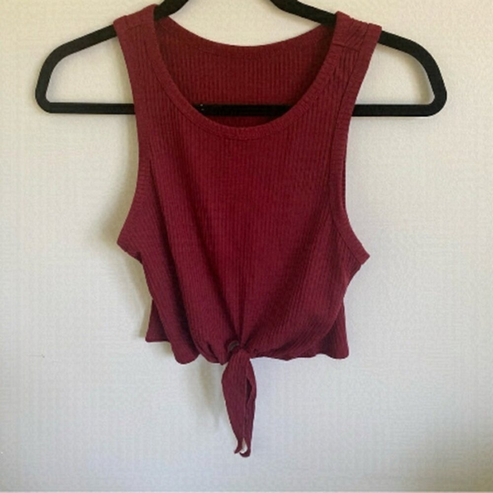 Ribbed Cropped Tank Top Sleeveless w Knot in Burgundy Red • S Small